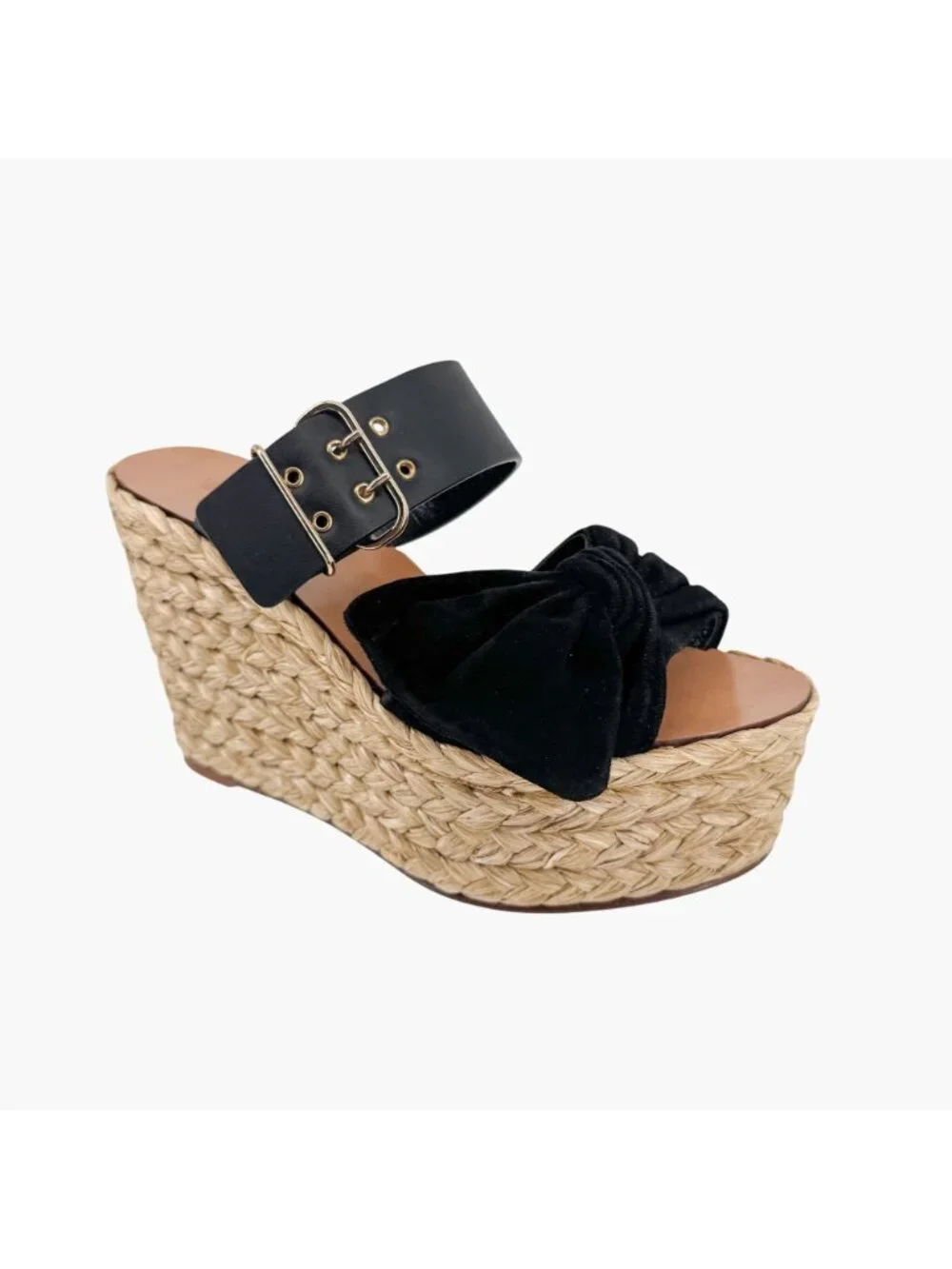 Valentino Black Suede Bow Braided Raffia Espadrille Wedge Sandals Size 38 US 8